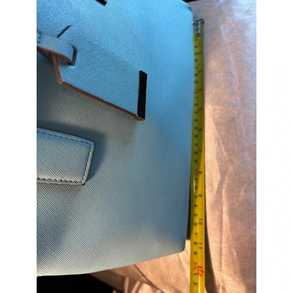Blue Saffiano Dome Satchel Bag with Gold Heart Detail and Striped Lining
